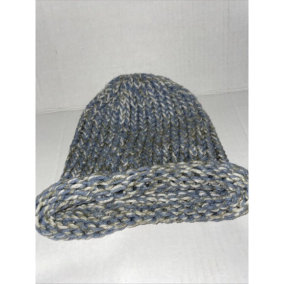 beanie knit hat handmade One-Size-Fits-All Blue Green Cream stocking cap ladies - Picture 1 of 5